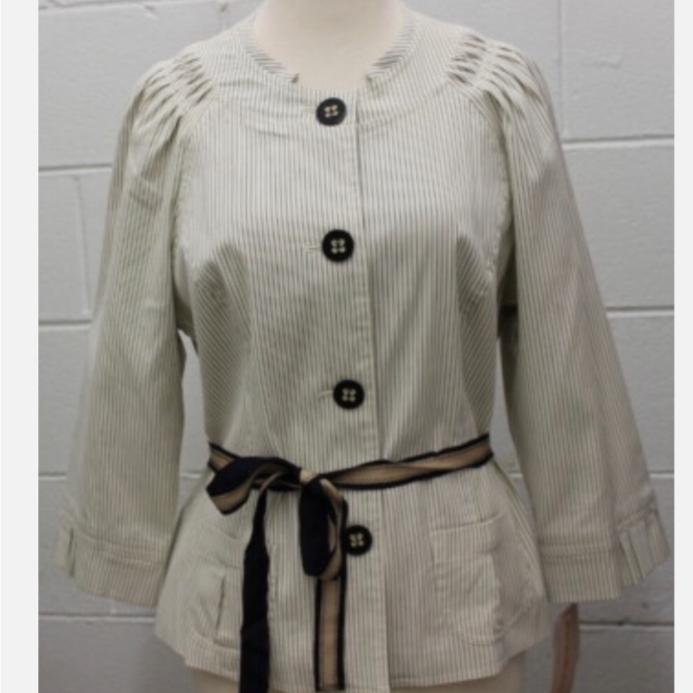 BOGO! Bandolino Pinstripe Beige blazer Black Buttons Belt Large 12 3/4 sleeve
